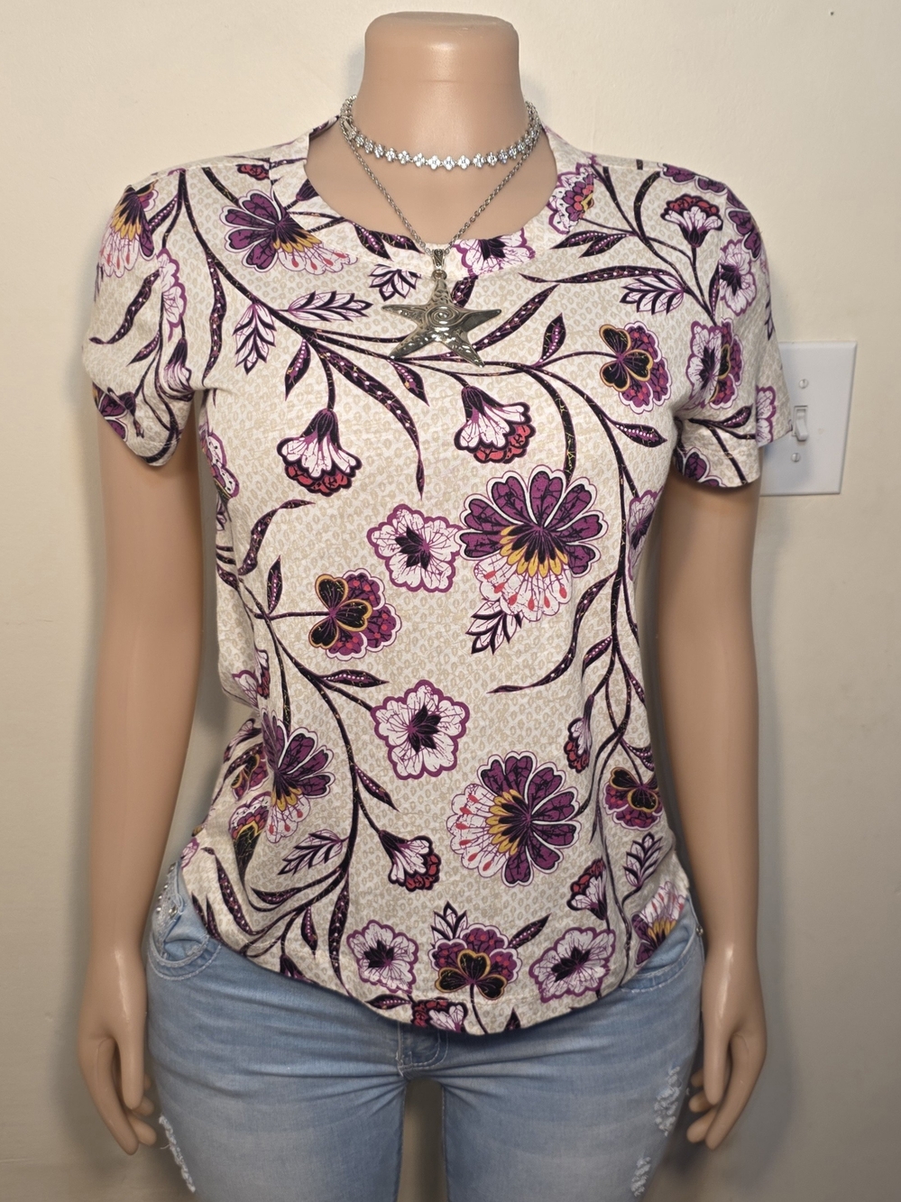 LOFT Ivory Floral Short-Sleeve Tee with Purple Accents